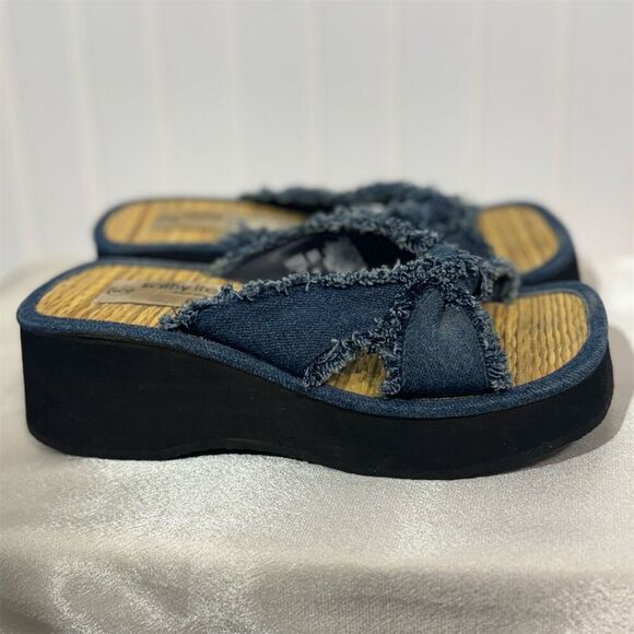 Kathy Ireland Y2K Platform Sandals 6 Frayed Denim Flip Flops Chunky 2000s Retro - Picture 7 of 9